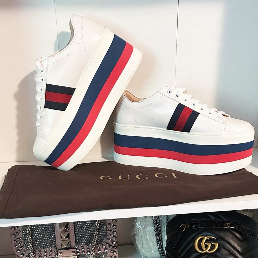 Authentic Gucci Web Striped Peggy Platform Sneake… - image 2